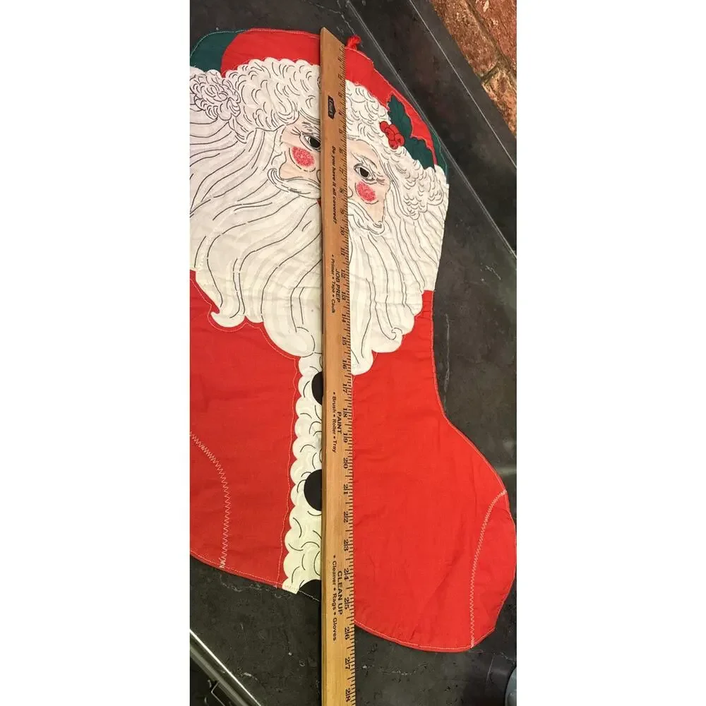 Vtg Santa Shaped Like A Stocking Wall Hanging Handmade 2 Bells Christmas Decor